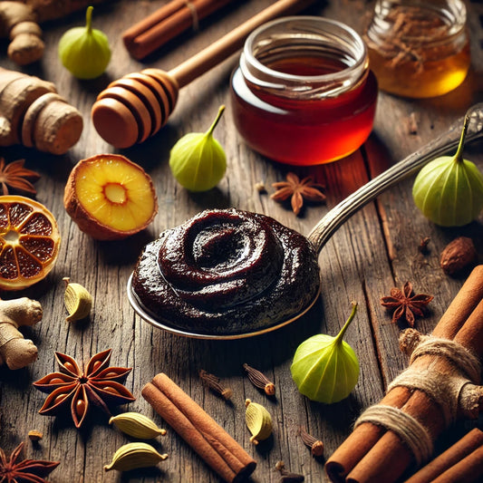 A close-up image of a spoon filled with chyawanprash, a thick dark paste, surrounded by traditional Ayurvedic ingredients